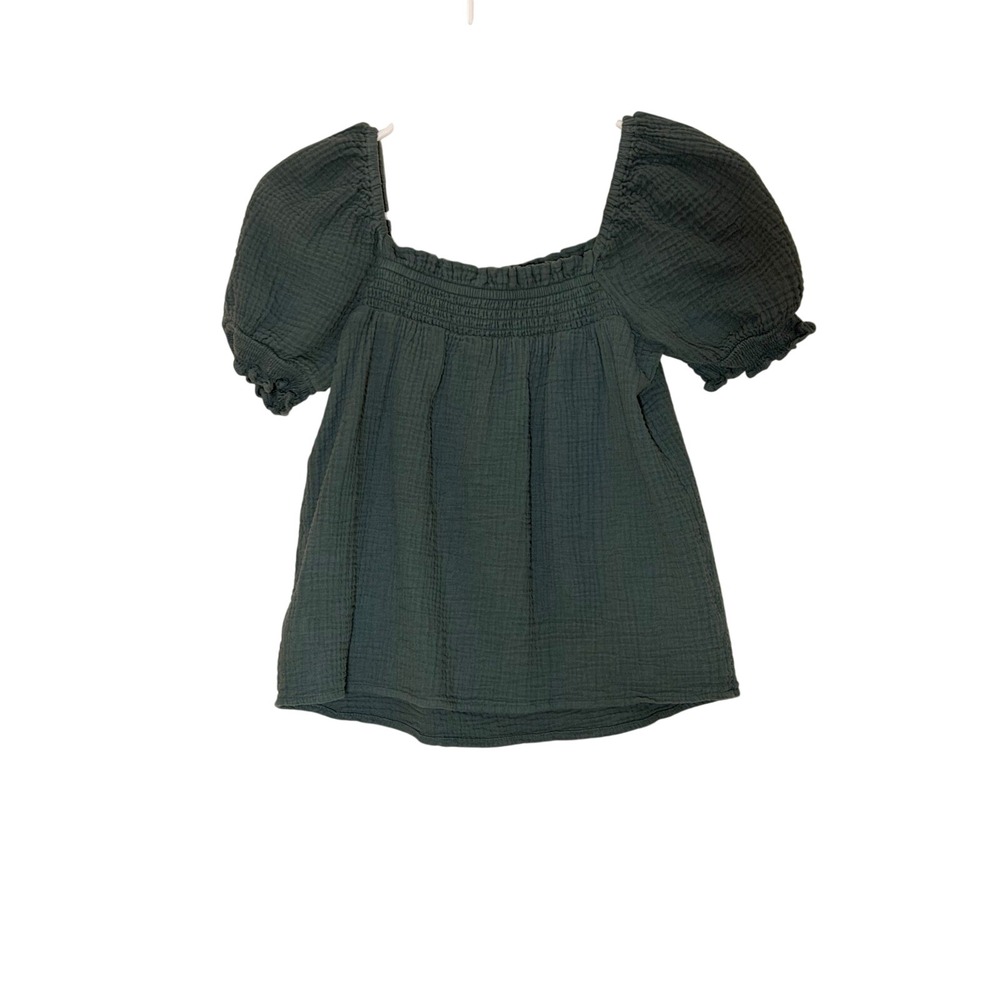 J. Crew Re-Imagined Girls Teal Cotton Double Gauze Smocked Puff Sleeve Top